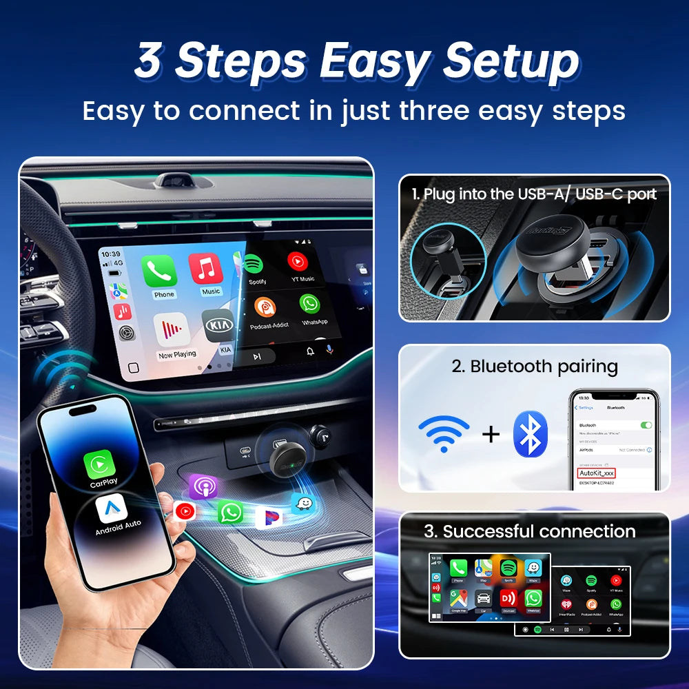 Adaptador CarPlay inalámbrico con cable, USB Plug and Play, Wifi, Bluetooth