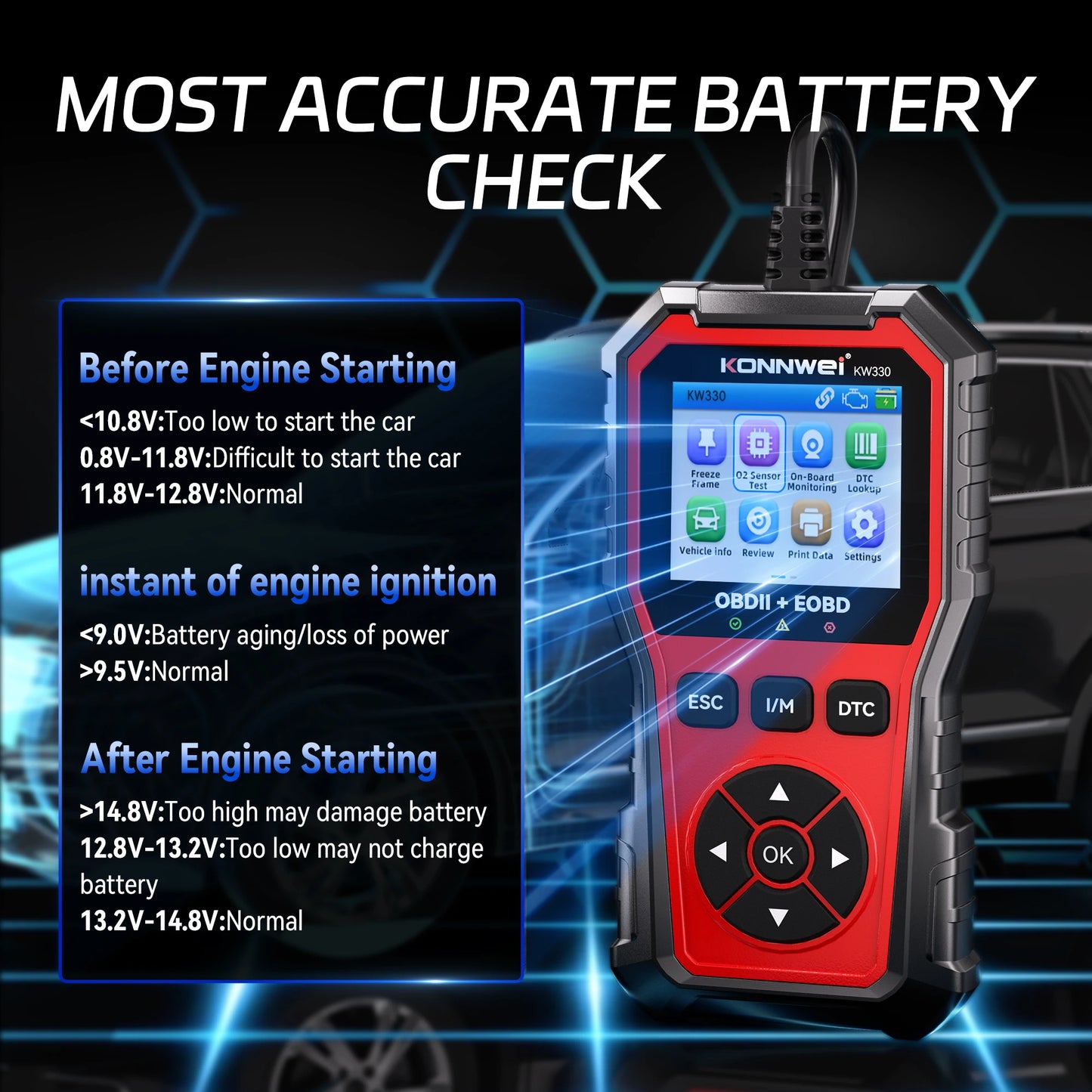 Escáner de fallos OBD2 para autos Konnwei Kw-330 Norma Rohs